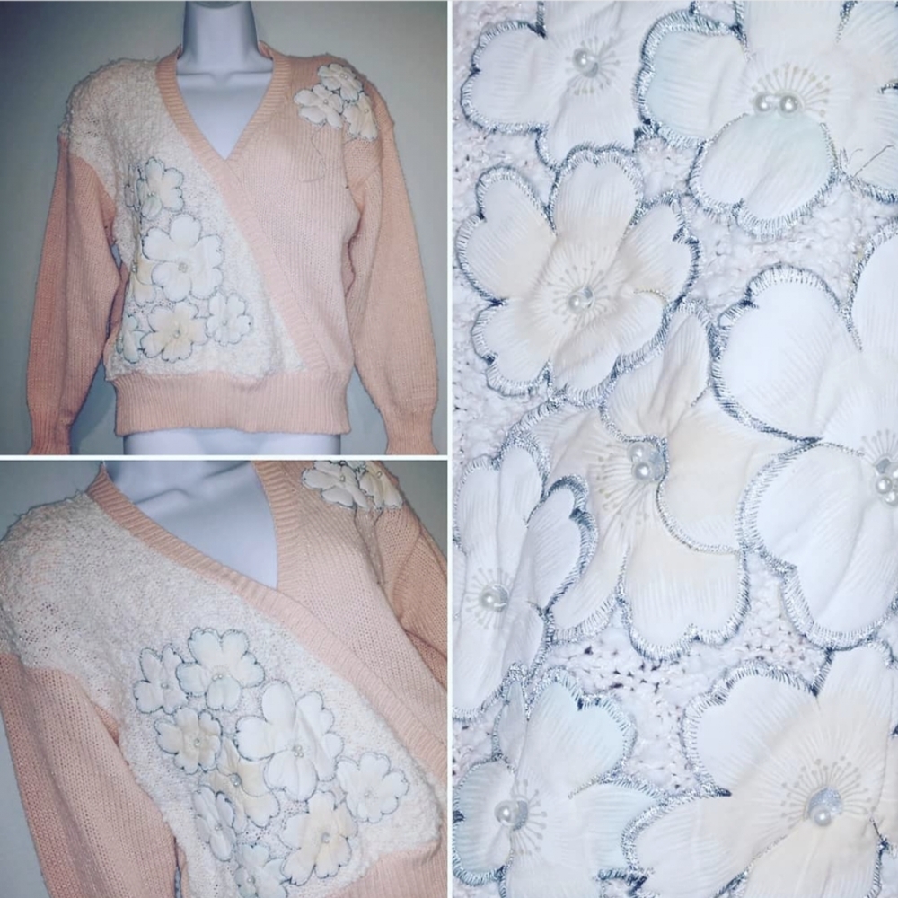 Vtg Jaclyn Smith floral pink white  sweater sz M